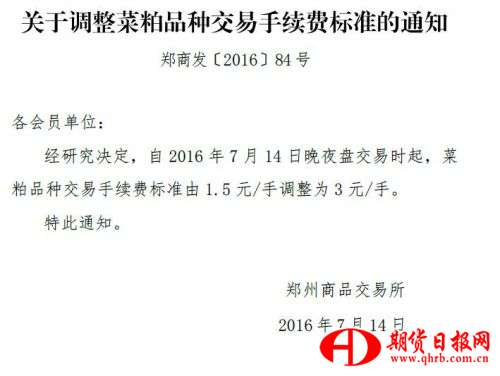 关于调整菜粕品种交易手续费标准的通知