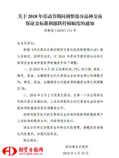 郑商所：劳动节期间调整部分品种保证金比例及涨跌幅限制