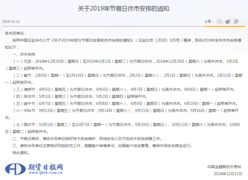 关于2019年节假日休市安排的通知_ 中国金融期货交易所